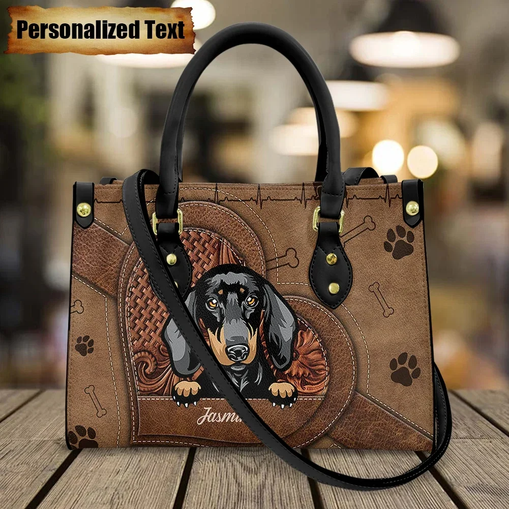 Luxury Bags Cute - 女性のためのレザーショルダーバッグパーソナライズされた名前かわいいダックスフント犬プリントカジュアルハンドバッグブランドデザイン高級トートバッグボルソス