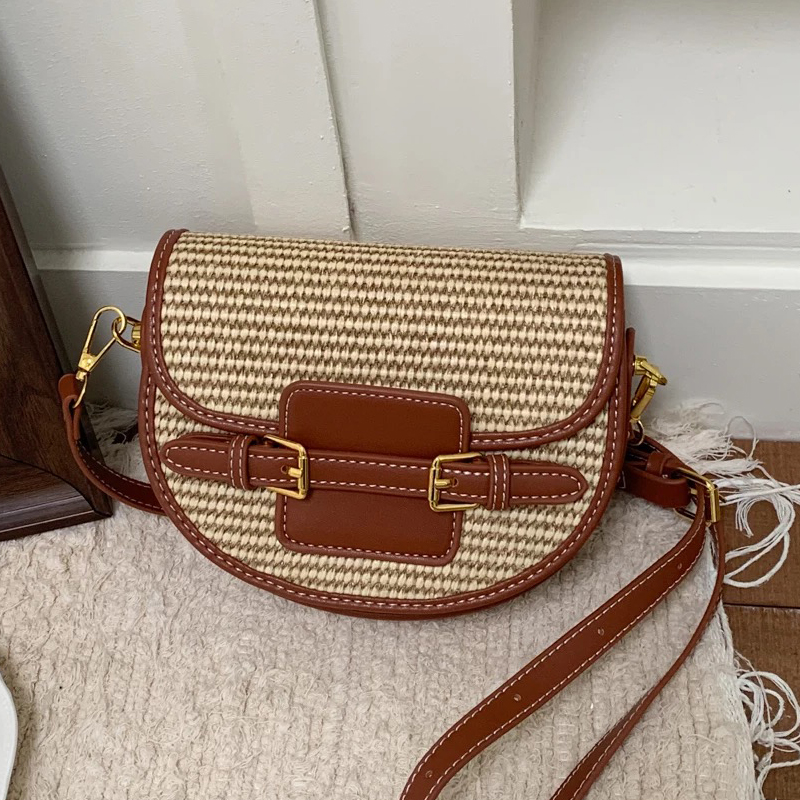 Luxury Bags Leather - イングランドスタイル ミニストローサドルバッグ レディース 高級デザイナーハンドバッグ パピルス編み PUベルトショルダー付き